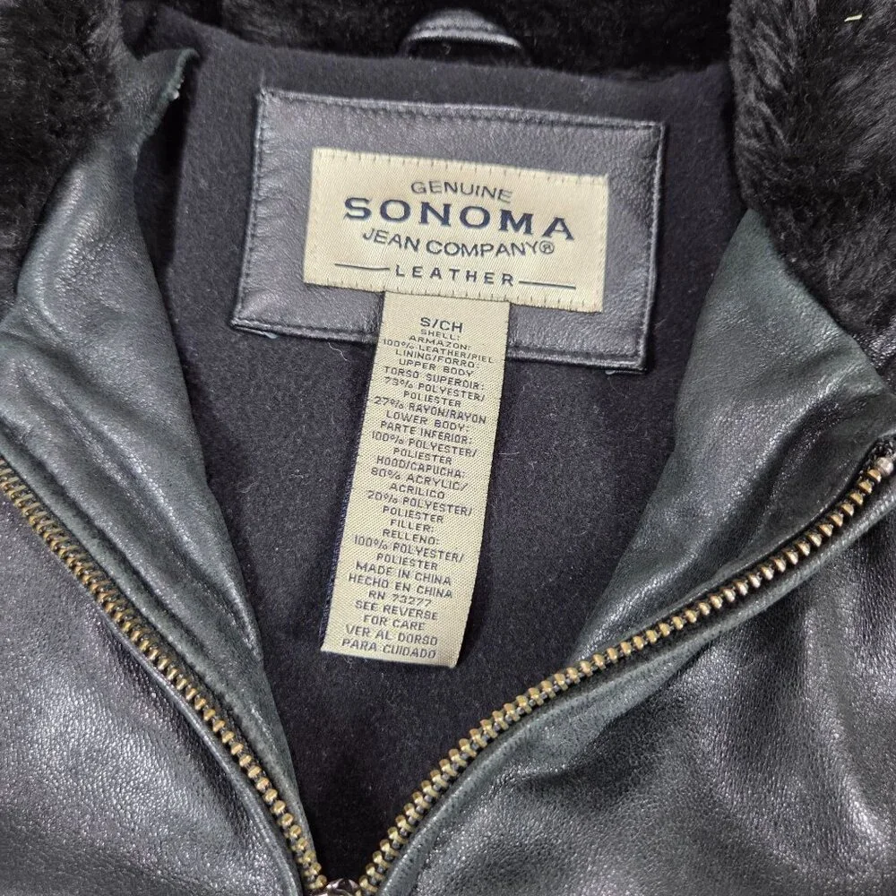 Vintage Sonoma Black Leather Coat Womens Small Fleece Lined Hooded Y2K READ
